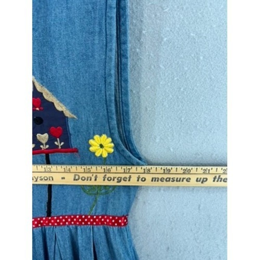 VTG Denim Jumper Dress Blue Embroidered Birdhouse Button Front Mid - Picture 6 of 10